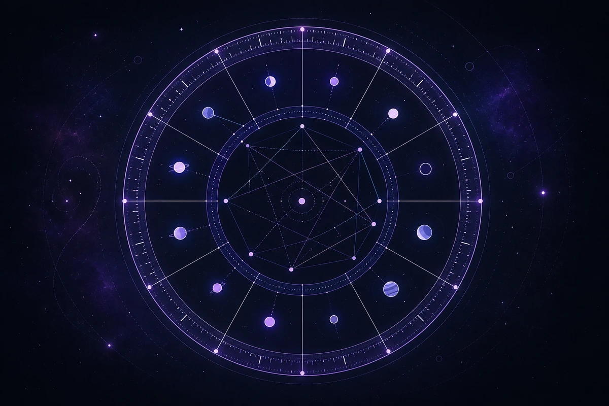 Mandala de mapa astral em tons de roxo e índigo com doze setores, marcadores planetários e linhas de aspectos