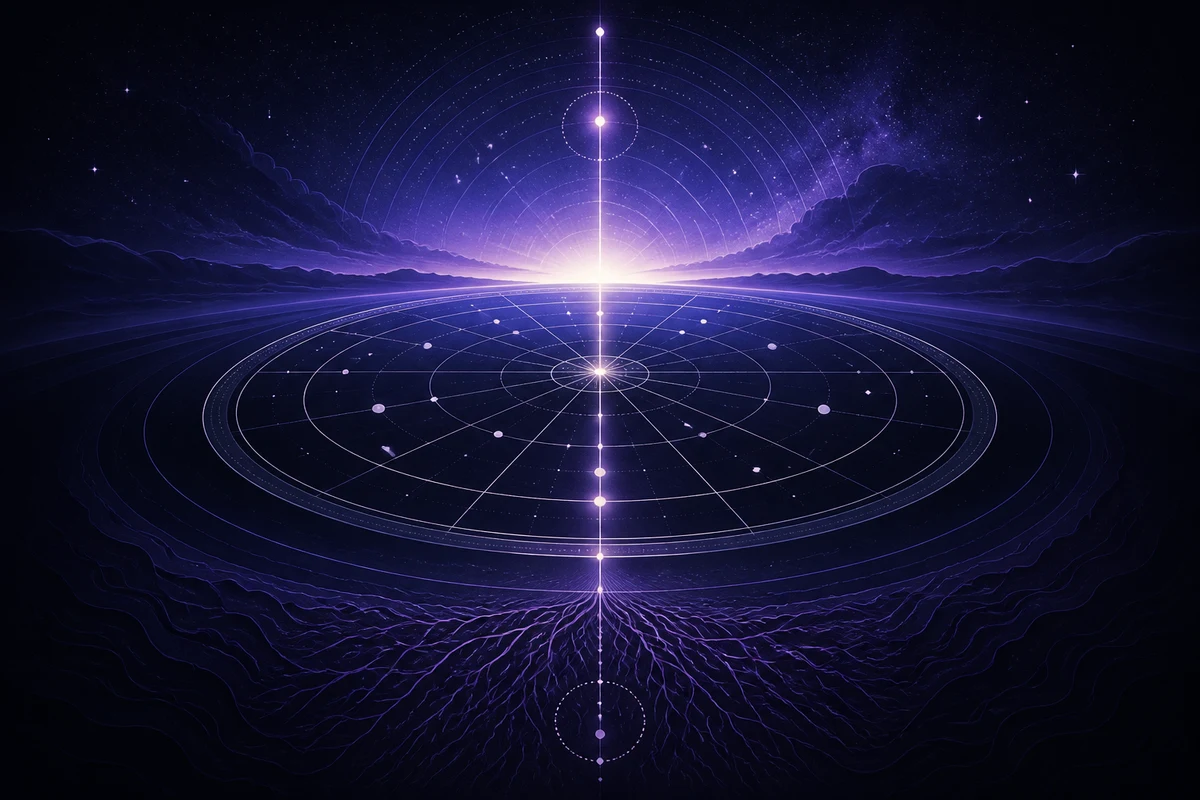 Roda de mapa astral atravessada pelo eixo vertical entre raízes e horizonte luminoso