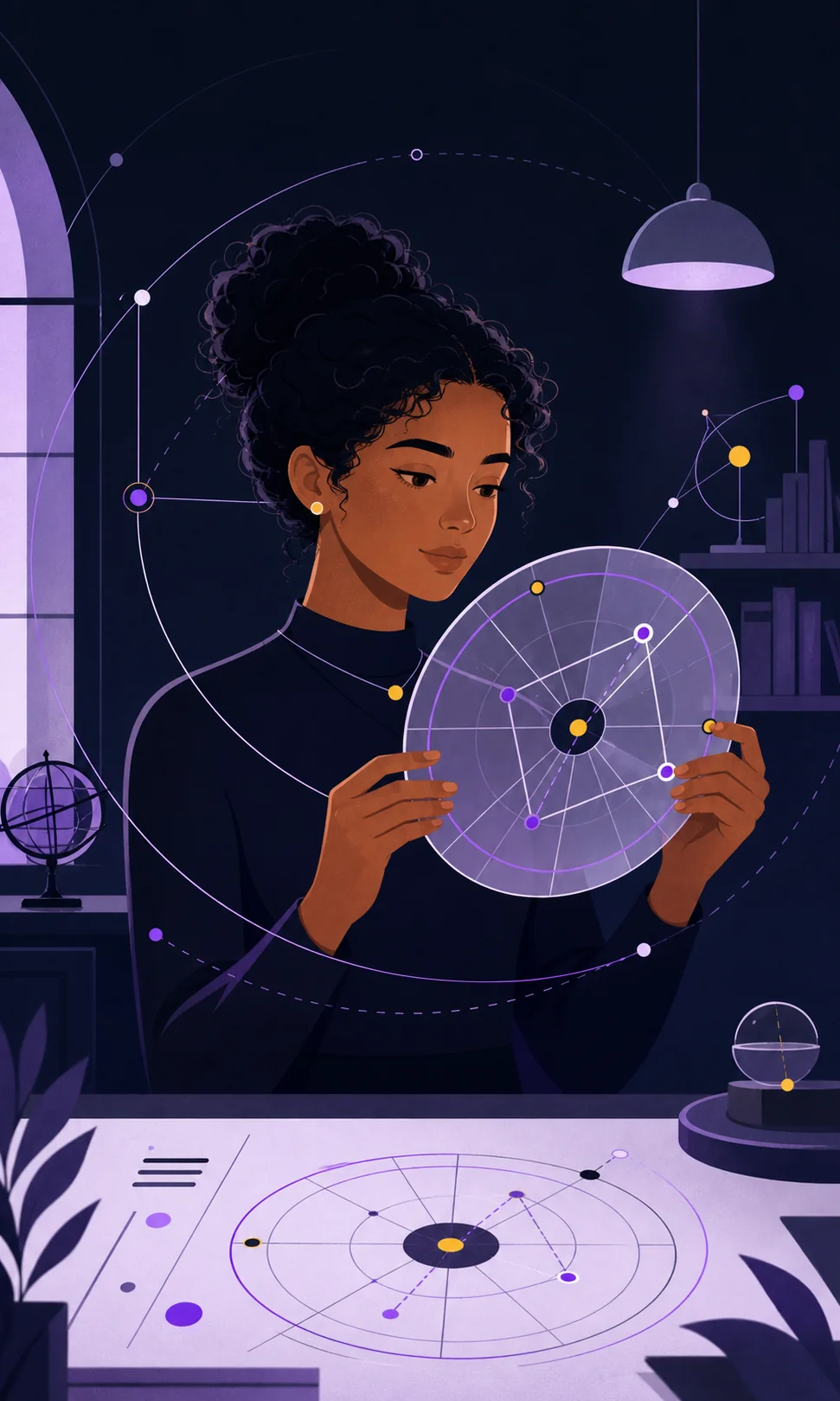 Ilustração de uma mulher observando uma roda de mapa astral em um ambiente de estudo