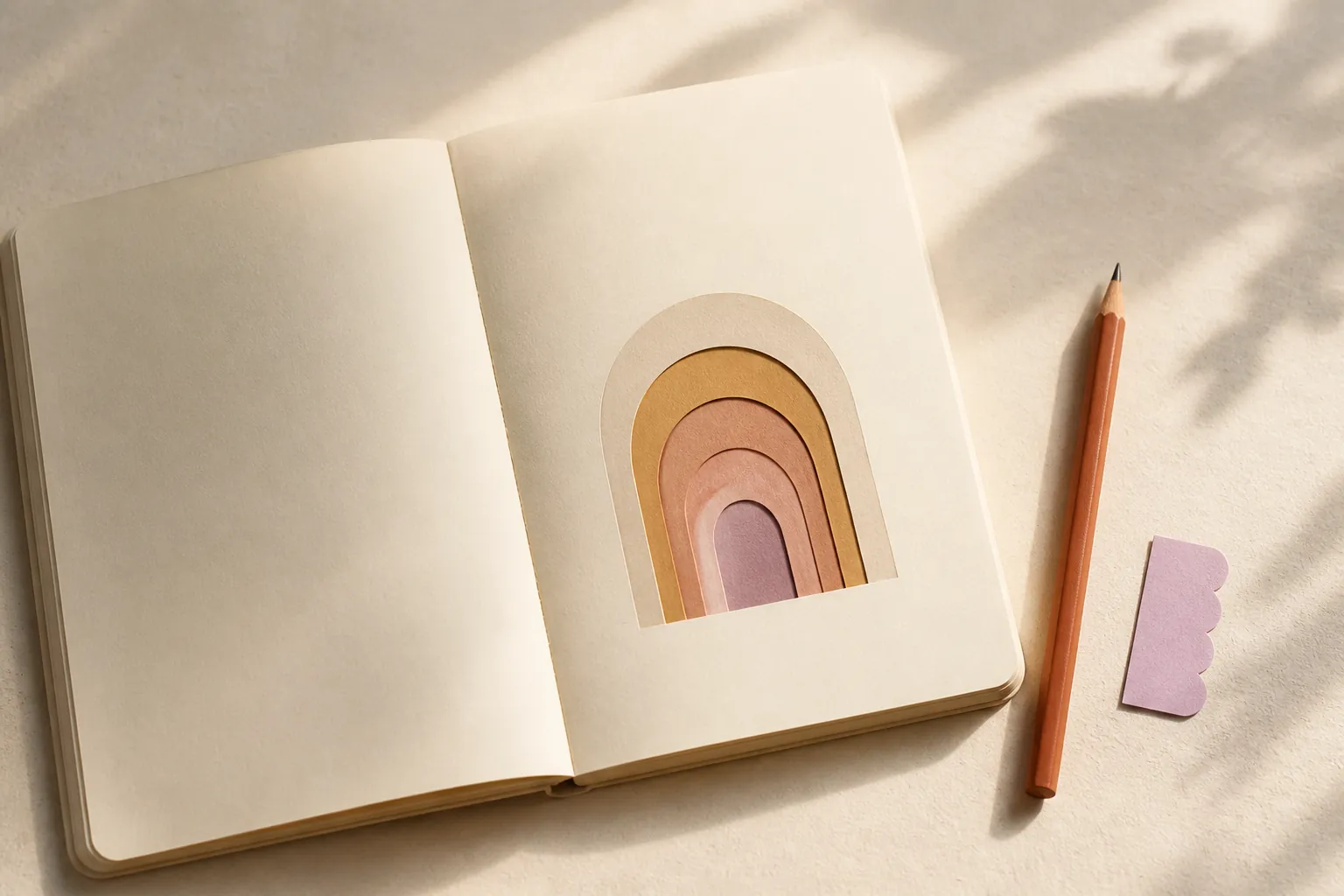 Caderno aberto apresenta camadas de papel que formam uma passagem interior